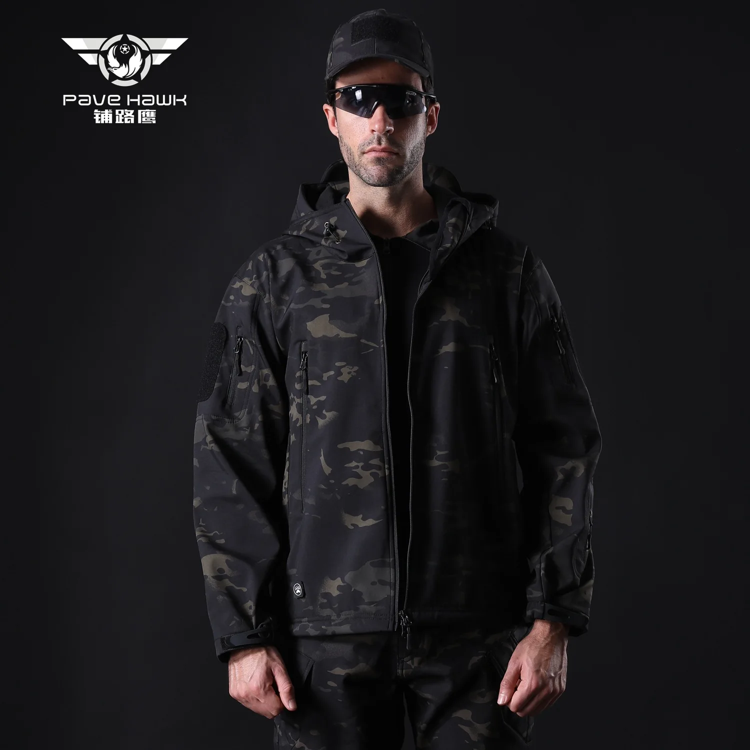 CamouflagTactics Акула кожа софтшелл для мужчин водонепроницаемый тепловой открытый с капюшоном походная куртка лыжная треккинг Кемпинг Рыбалка пальто