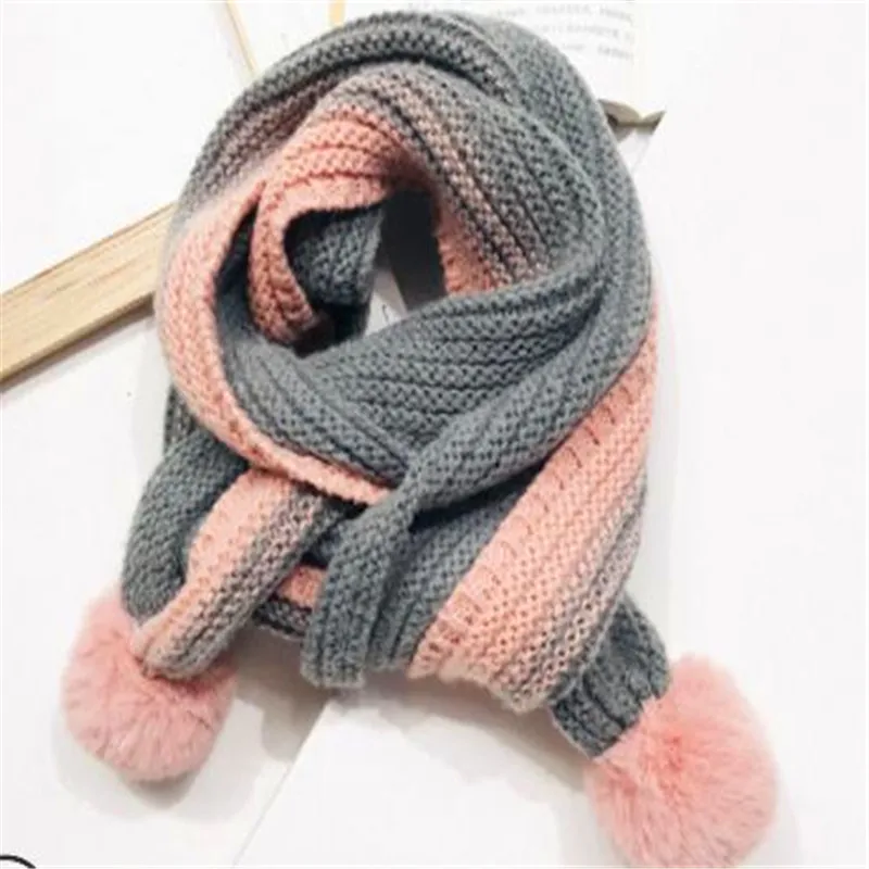 BKX562-Grey pink Новинка; зимний детский шарф в Корейском стиле; теплый вязаный шерстяной шарф с шариками; кожаный нагрудник для мальчиков и девочек; powderBKX562 - Цвет: BKX562-Grey pink
