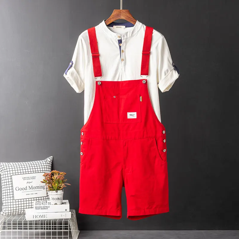 2021 Summer Overalls Shorts For Men Bib Jumpsuits Cotton Straight Loose Red Orange Yellow Khaki Male Solid Casual Pants Clothing