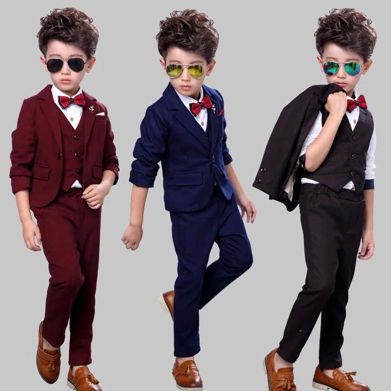 Children Autumn Pure Color Formal Suit Set Flower Boy Wedding Party Performance Costume Costume Kid Blazer Vest Pants Outfits