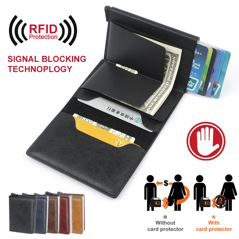 Противоугонный Авто держатель кредитной карты кожа RFID Блокировка маленький металлический бумажник на кнопке держатель денег Сумки для хранения дома хранения