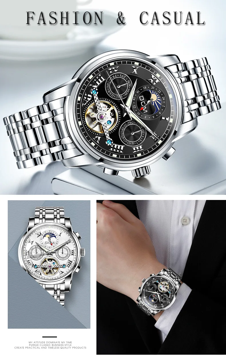 DOM Men Mechanical Watch Self-Wind Stainless Steel Watch Vintage Elegant Waterproof Skeleton Watches Relogio Men watch