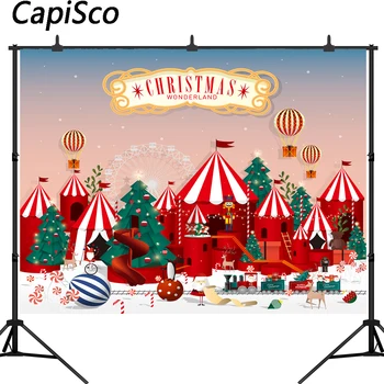 

Capisco Wonderland Backdrop Christmas Tree Santa Claus Circus Carousel Ferris Wheel Banner Festival Party photo background