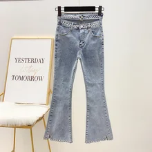 New Fashion Double Waist Hollow Heavy Diamond Pants Stretch Slim High Waist Joker Cowboy Bell Pants Women Jeans Trousers