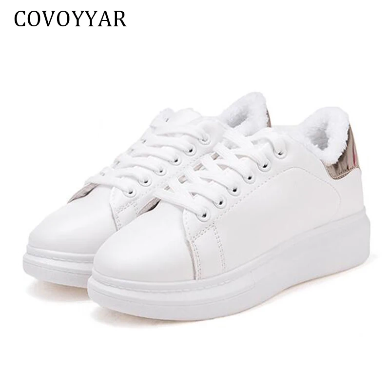 COVOYYAR/ г.; зимняя женская обувь; женские Сникеры на платформе с меховой подкладкой; белые туфли на шнуровке; удобная женская обувь; Цвет белый; WSN2019