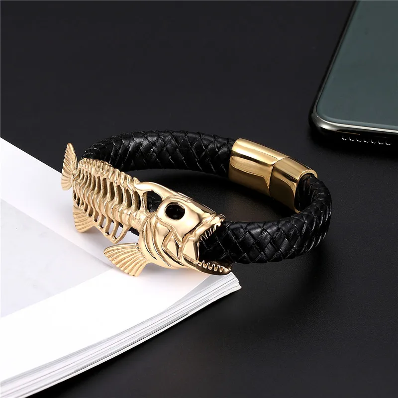 MKENDN Punk Style Design Gold Fish Bones Genuine Leather Bracelet for Men Stainless Steel Magnetic Button Gift Male Bracelets