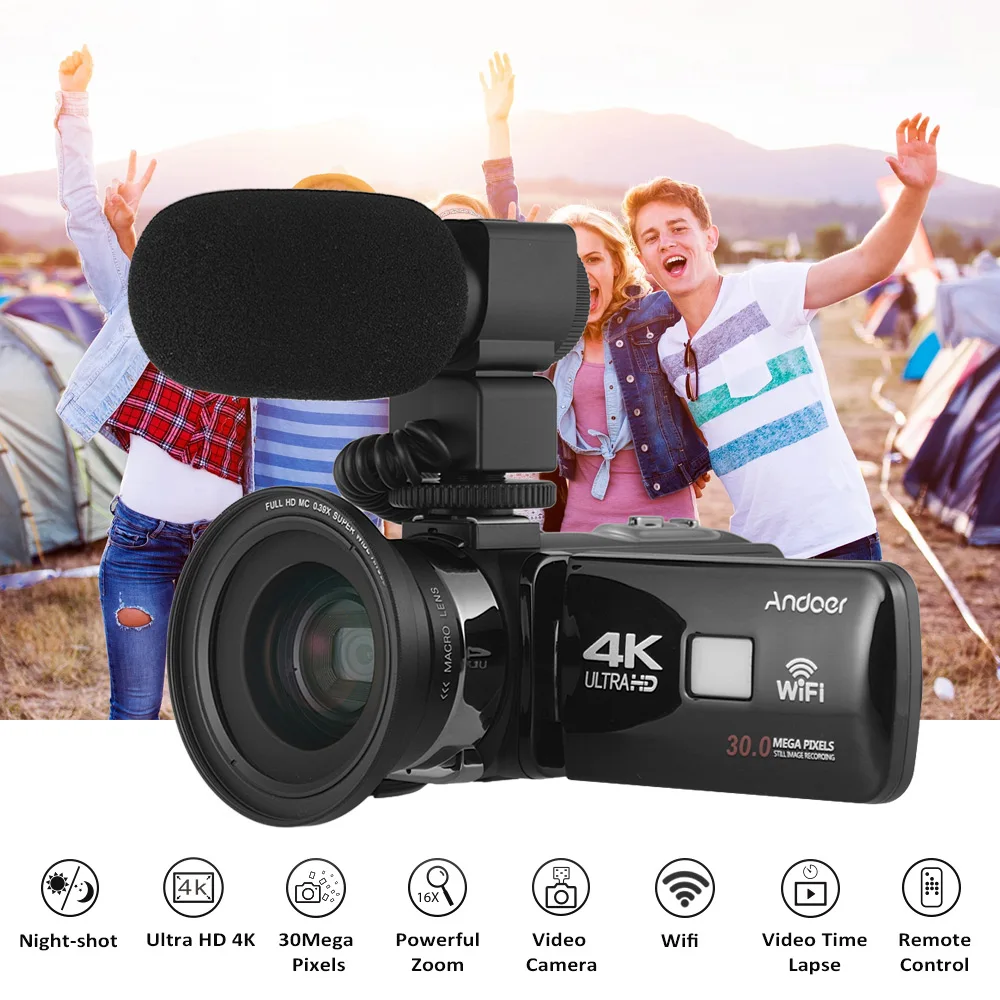 Andoer 4K Ultra HD WiFi Цифровая видеокамера DV рекордер с 16-кратным зумом 3," ЖК-сенсорный экран ИК Ночное Видение