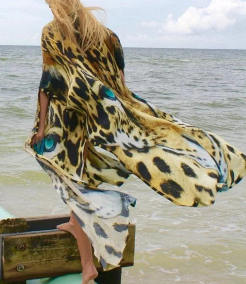 Bikini Cover-ups Sexy Tiger Pattern Print Kimono  Robe Plage Swimsuit Cover up Boho Loose Long Cardigan Beachwear Tunics 3 piece swimsuit with cover up