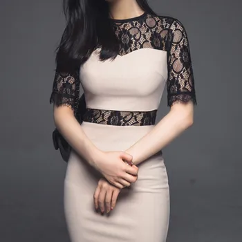 

COIGARSAM Sexy Lace Women dress New Spring Patchwork Hollow Out Dresses Beige 885