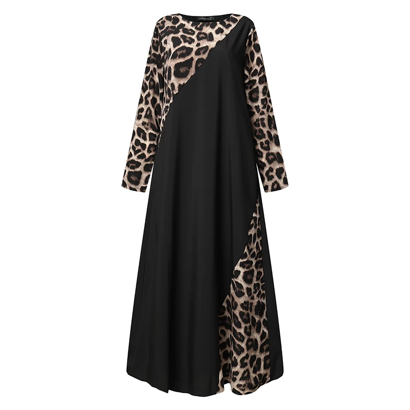 Celmia Dress Fashion Kaftan Patchwork Leopard Maxi Long Dress Women Vintage Dress Long Sleeve Casual Loose Vestidos Party Robe