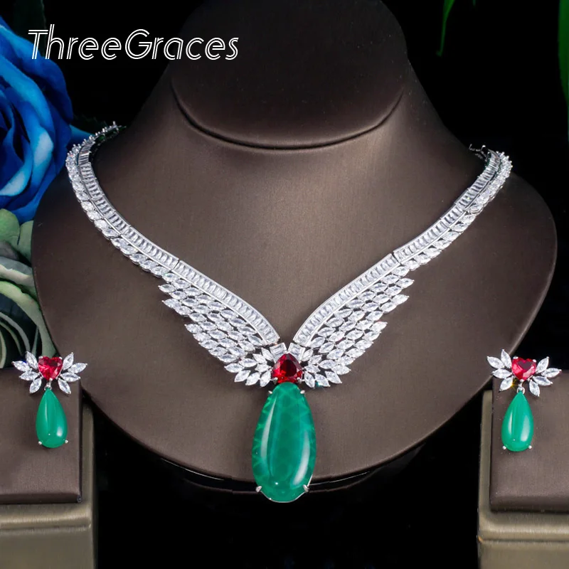 ThreeGraces Модный Зеленый циркониевый камень cz свадебное ожерелье серьги Ювелирные наборы для женщин pendientes mujer moda JS640