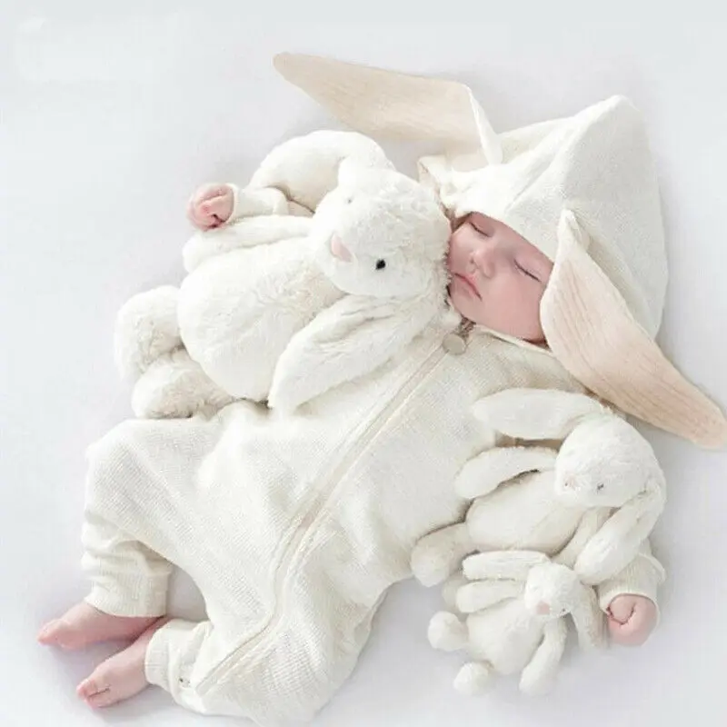 Милые детские комбинезоны с капюшоном и заячьими ушками для маленьких мальчиков и девочек Одежда для новорожденных Теплый комбинезон костюм для младенцев Одежда для малышей от 0 до 24 месяцев - Цвет: Белый