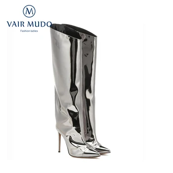 

VAIR MUDO Lagre Size Boots 35-44 yard Women Knee-High Chelsea Boots Shoes Thin Heels High Heel Fashion Ladies Shoes Sliver ZT33