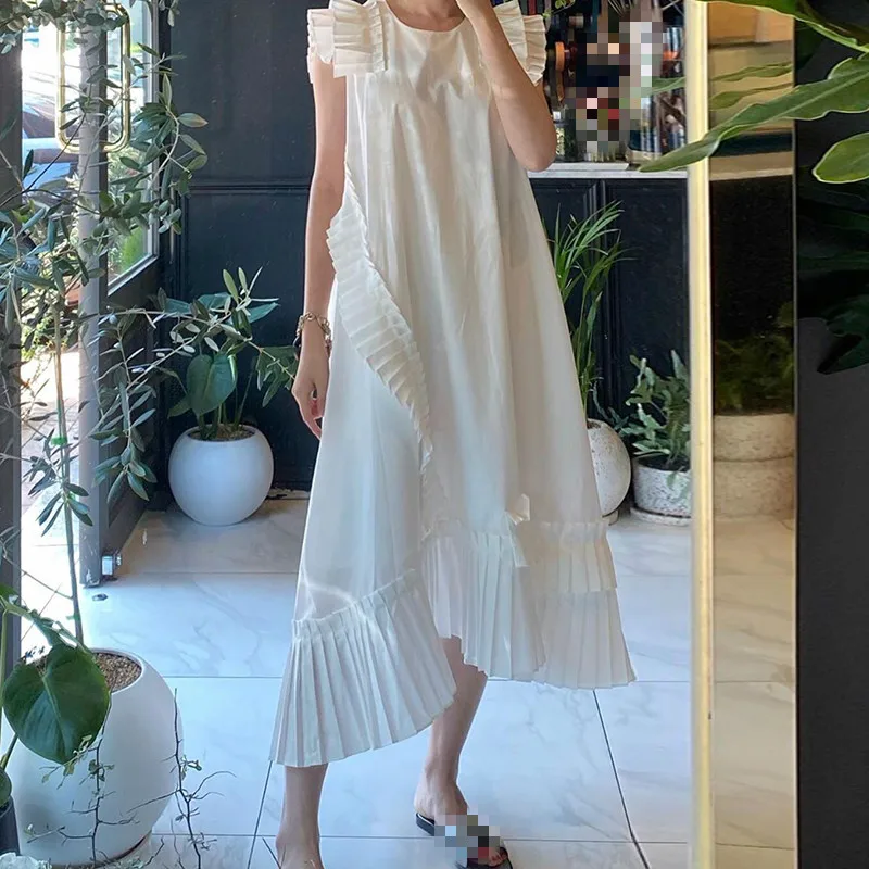 Neploe Ruffles Pleated Dress Women Korean Chic O Neck Butterfly Sleeve Irregular Dresses Femme Summer 2020 Solid Vestidos 1F034