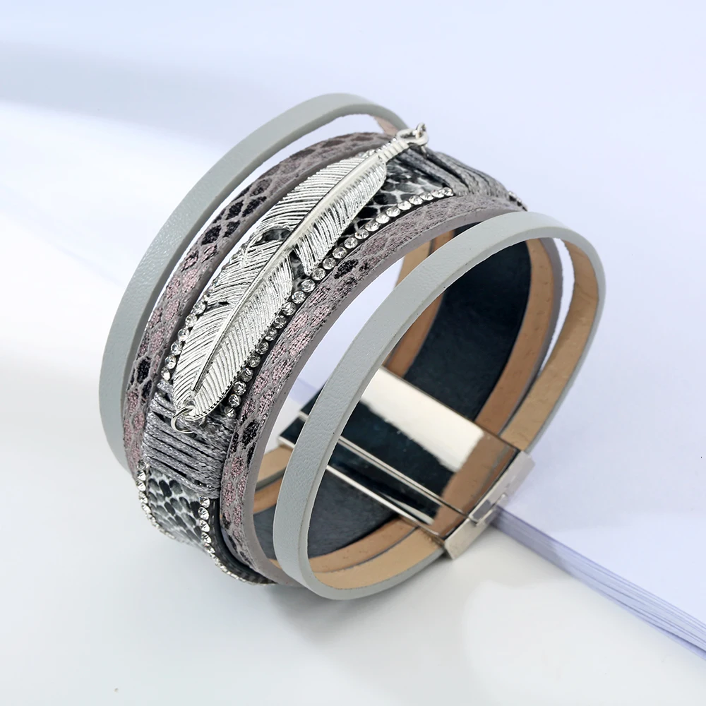 Модный сплав перо Лист широкий Магнитный кожаный браслет& Браслеты Многослойные браслеты для женщин мужские ювелирные изделия