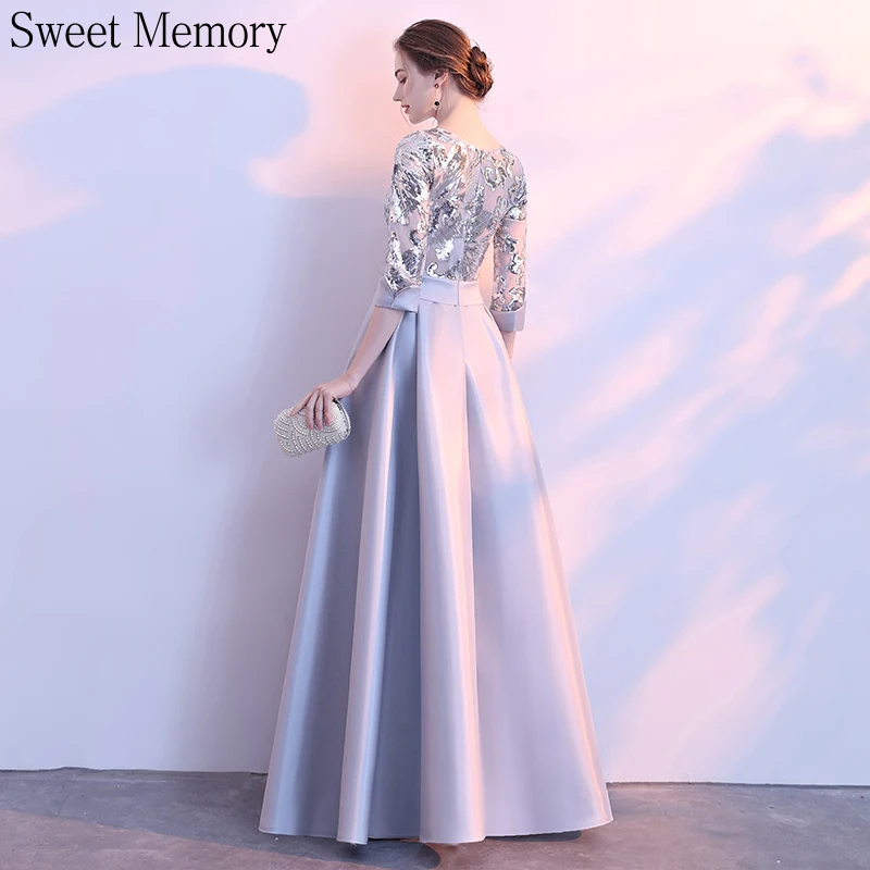 evening maxi dresses U1046 Vintage Long Dress O-Neck Evening Dresses Satin A-line Robe De Soiree Elegant Women Formal Wedding Party Gown plus size evening dresses