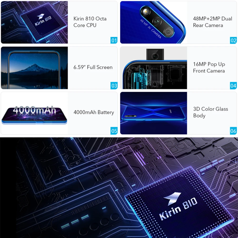 Original Honor 9X Mobile Phone 4GB 64GB Kirin 810 Octa Core 6.59 inch Lifting 48MP Cameras 4000mAh