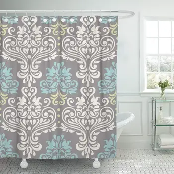 

Blue Modern Floral Colorful Damask Pattern Swirl Abstract Border Shower Curtain Waterproof Polyester Fabric 72 x 78 Inches Set