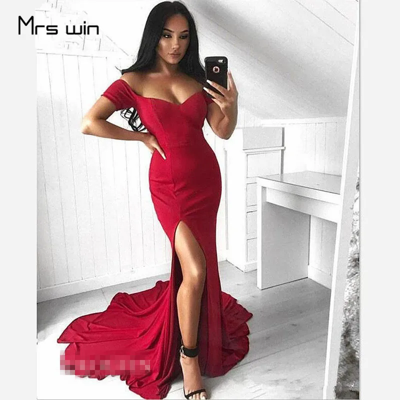 Mrs win, вечерние платья, длинные, вырез лодочкой, женские вечерние платья, бордовые, с разрезом, шлейфом, Русалка, вечерние платья для девочек, HR109