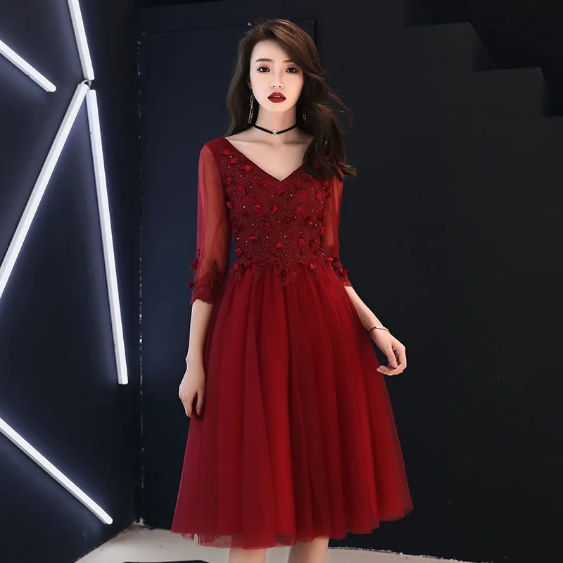 Элегантное бордовое вечернее платье Qipao, длинное женское платье для выпускного вечера с v-образным вырезом, рукав до локтя, Сетчатое платье размера плюс