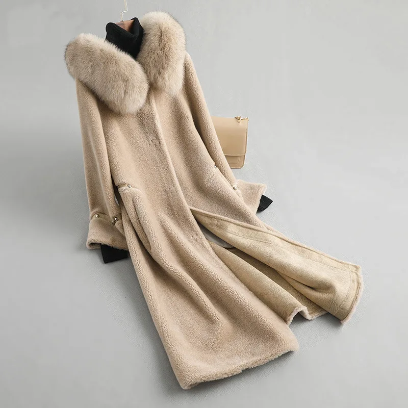 Женское зимнее пальто из натуральной овечьей шерсти с воротником из лисьего меха, шерстяная куртка, женская одежда Manteau Femme 6608 YY1083