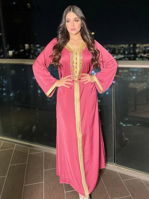 Siskakia Ramadan Eid Pink Maxi Dress For Women Modest Muslim Turkey Arabic Dubai Diamond Ribbon V Neck Long Sleeve Jalabiya 2021 1