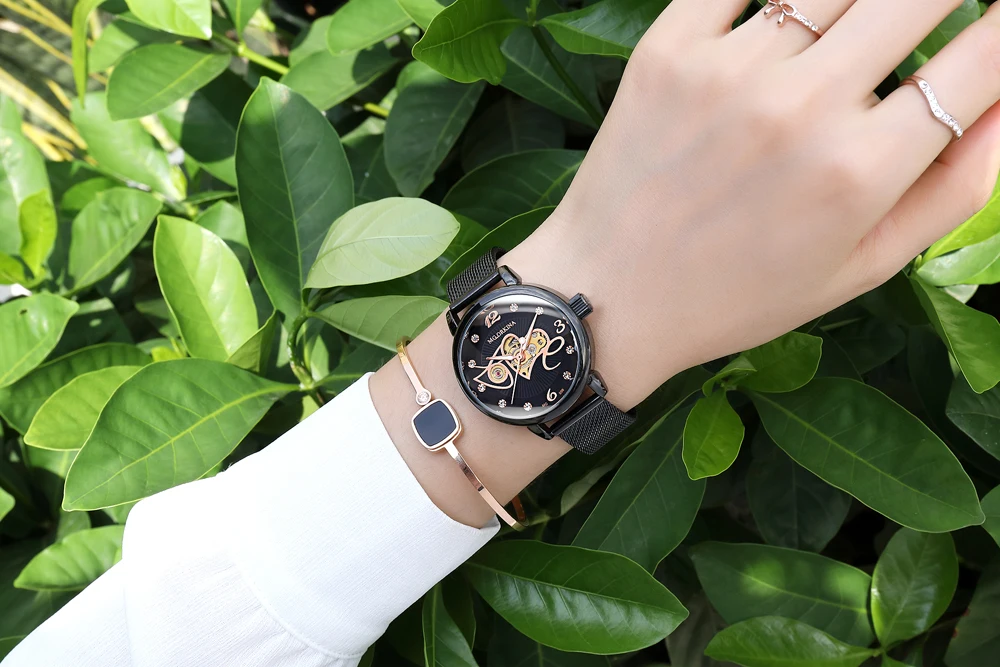 New Fashion Love Creative Lady Automatic Mechanical Watch Diamond Female Clock Black Stainless Steel Wristwatch Gifts for Women