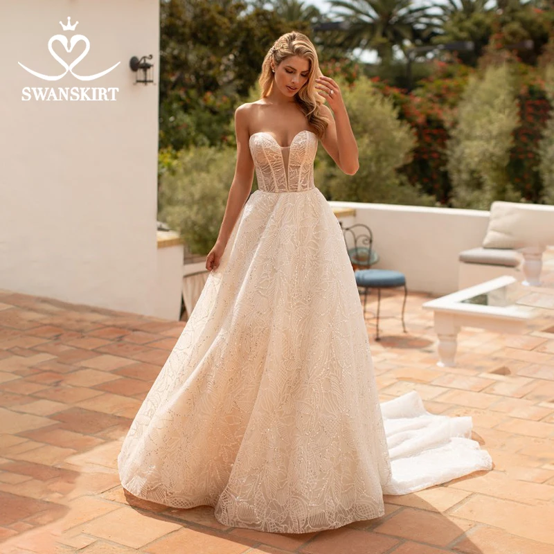 

Light Wedding Dress 2020 New Swanskirt Strapless Open back A-Line Princess Court Train Bride Gown Illusion vestido de noiva MY04