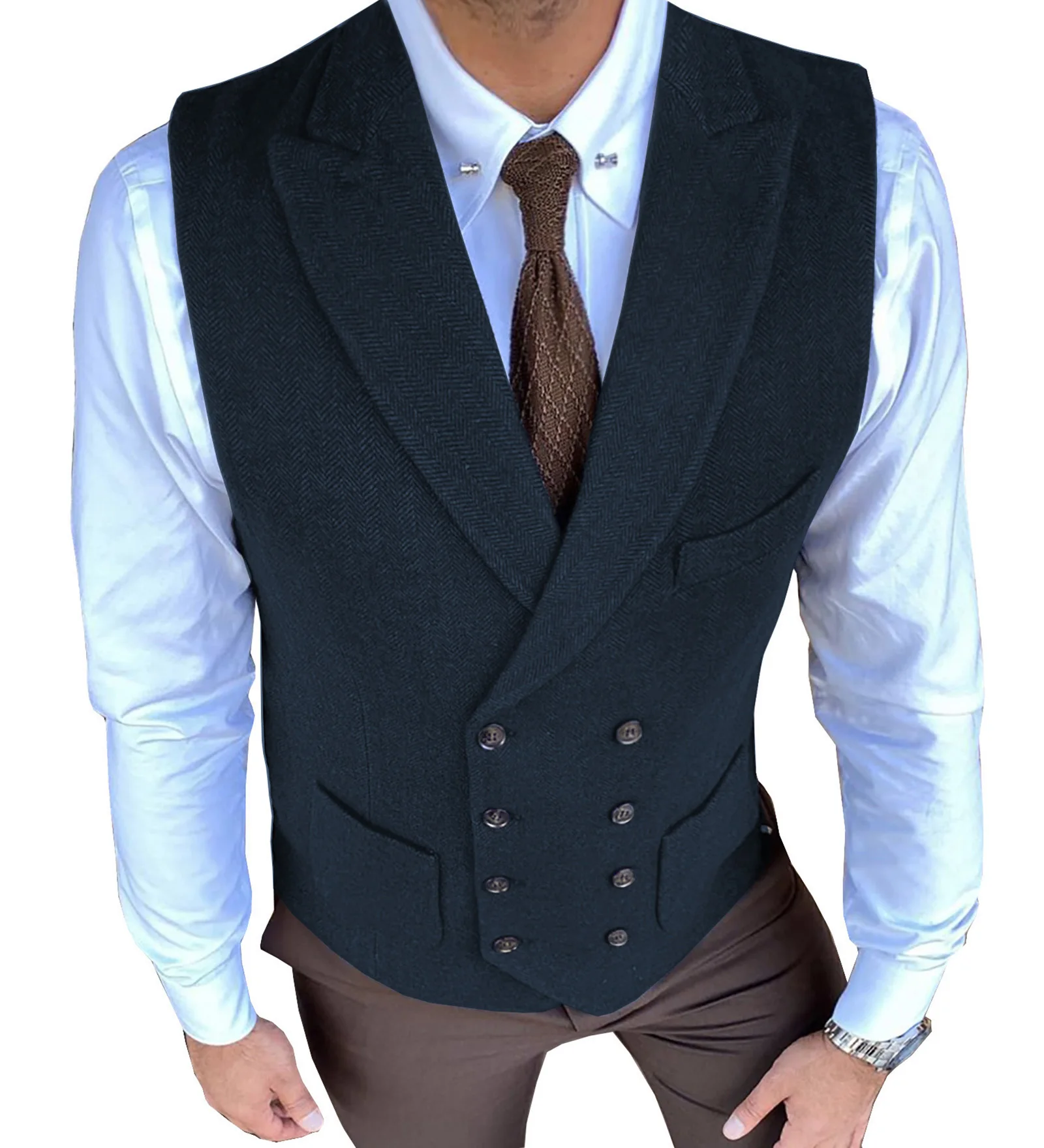 Royal Blue Suit Vest Men Jacket Sleeveless Vintage Tweed Vest Double Breast Plus Size Herringbone Waistcoat Groommen For Wedding