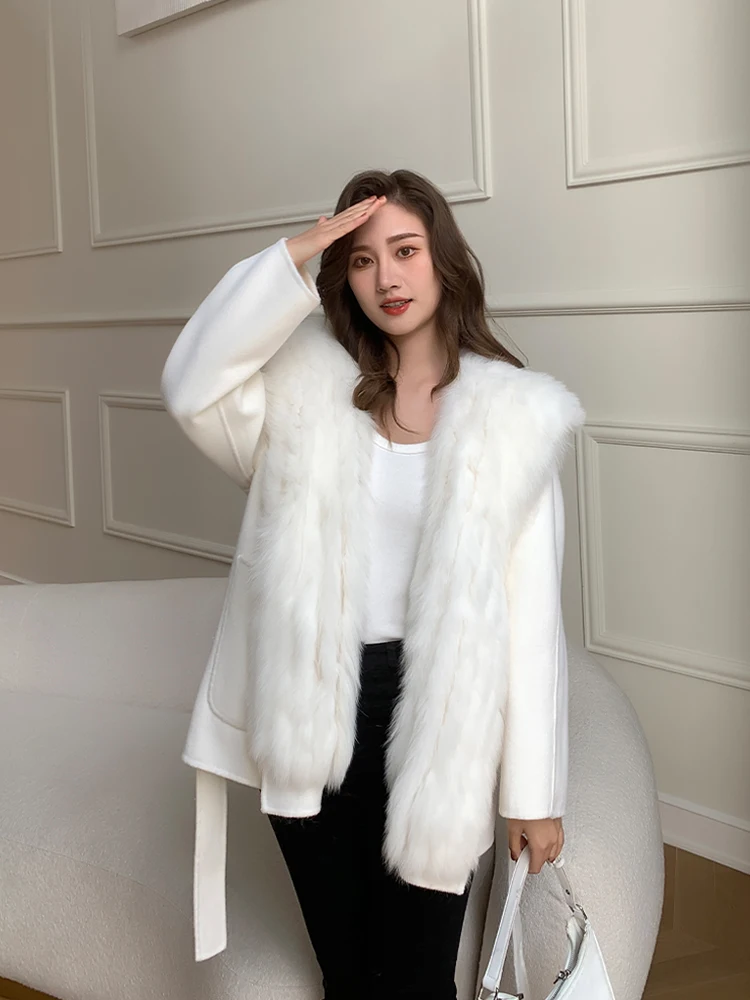 

New 2023 ladies real fox fur jackets and coats Natural Real Fur Collar real Woolen coats outerwear