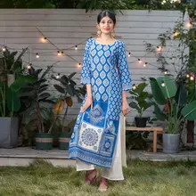 Стиль индийский модный женский этнический стиль s Набор костюм с принтом хлопковый топ Синий Женский Длинный топ+ брюки
