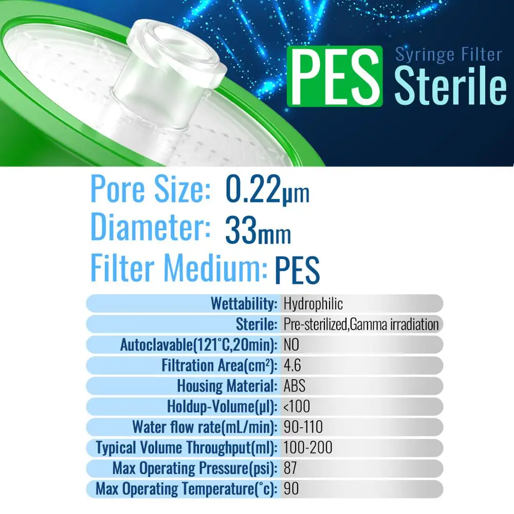 Ks-Tek 개별 포장 멸균 주사기 필터, PES막, 0.22μm 구멍 크기, 33mm 직경, 10 개