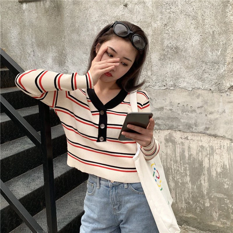 Women Casual Wild Sweater Lady Autumn V-neck Striped Knitted Clothes Long Sleeve Button Fashion Pullover Female Sweaters Tops Women Casual Wild Sweater Lady Autumn V-neck Striped Knitted Clothes Long Sleeve Button Fashion Pullover Female Sweaters Tops