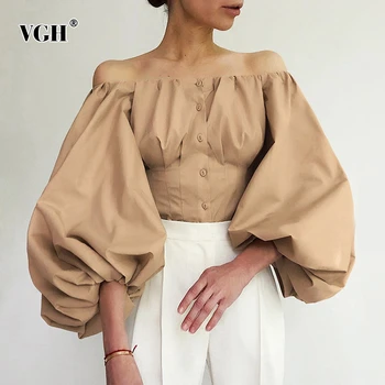 

VGH Off Shoulder Black Shirt For Women Slash Neck Lantern Sleeve Tunic Casual Blouse Female Fashion New Clothing 2020 Autumn