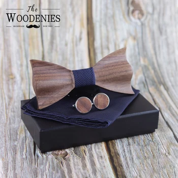 

Woodenies 2020 3D Wooden tie Pocekt Square Cufflinks Fashion wood bow tie wedding dinne Handmade corbata Wooden Ties Gravata set