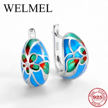 

2020 Trendy Bohemia Green Flower Enamel Stud Earrings for Women with Zircon 925 Silver Earrings Wedding Party Jewelry