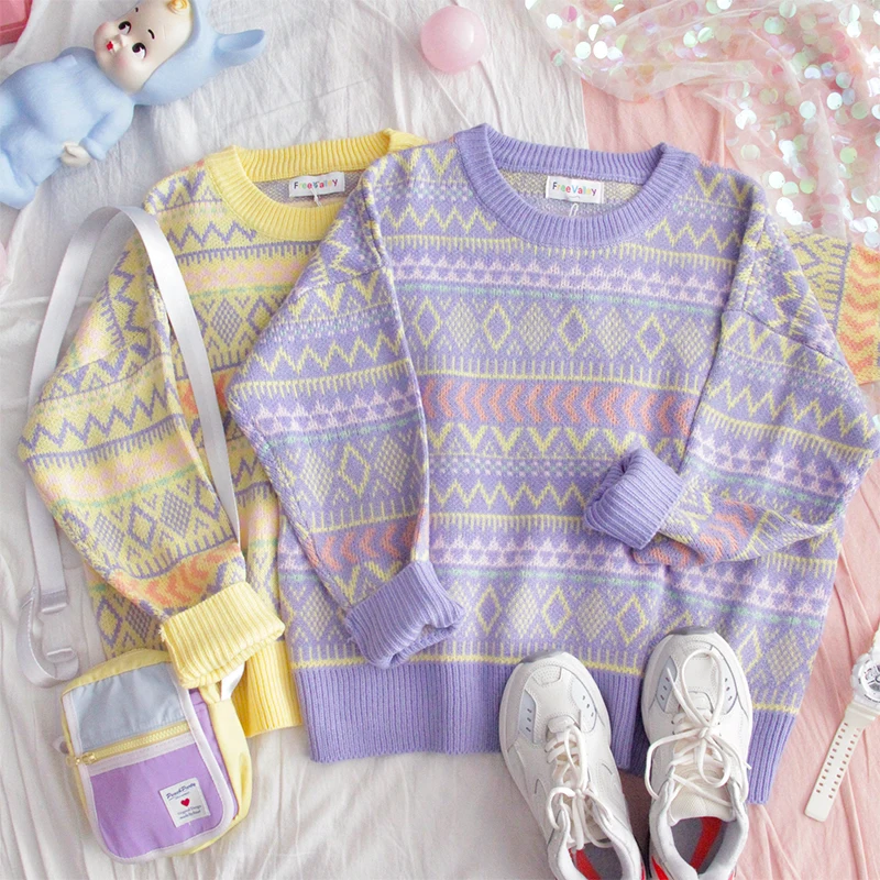 Зимний женский свитер для девочек-подростков студенческий свободный Ретро