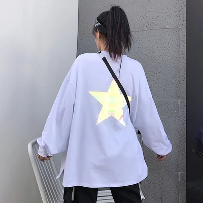 Женские футболки, топы, японские Kawaii, для девушек, Ulzzang, с принтом, светоотражающие, с длинным рукавом, футболка, женская, Harajuku, одежда для женщин - Цвет: Белый