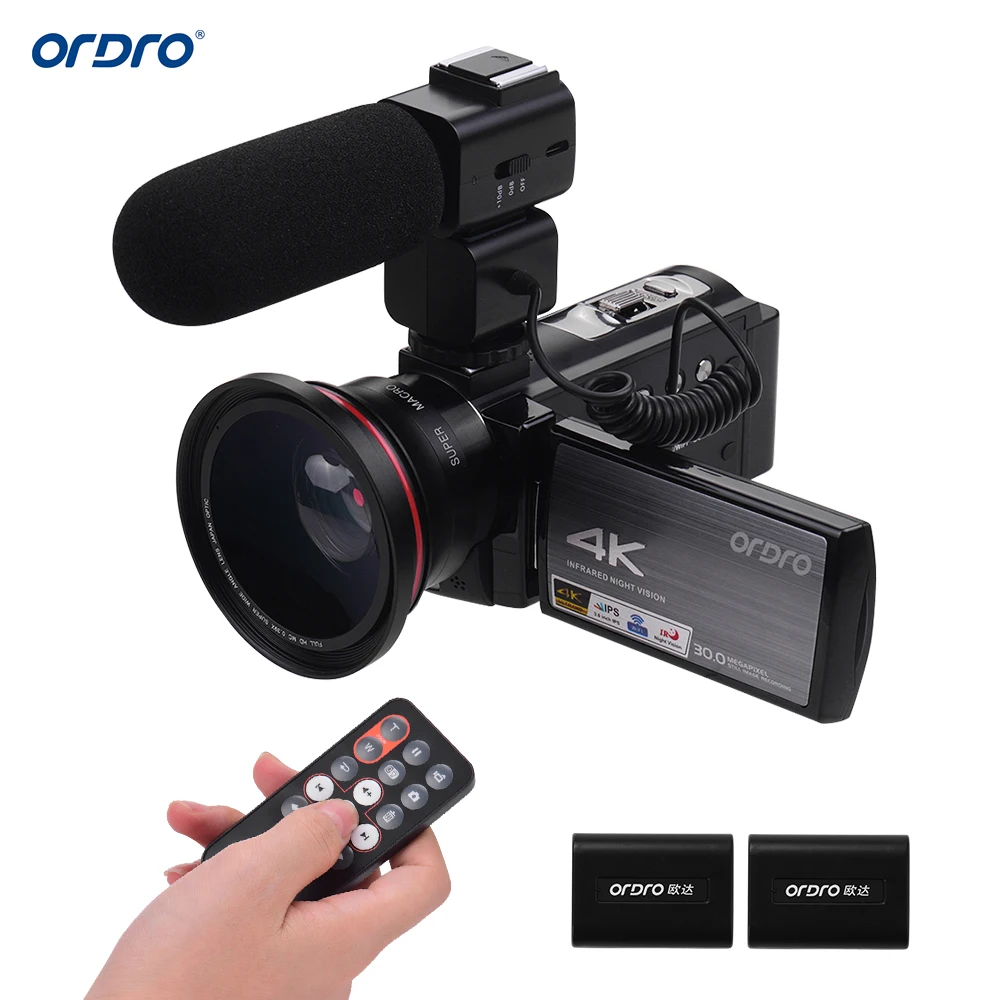 ORDRO HDV-AE8 4K WiFi цифровая видеокамера DV рекордер 24MP 16X цифровой зум с батареями+ широкоугольный объектив+ микрофон