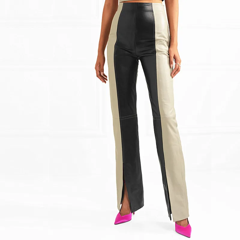PU couro Split Design calças femininas, comprimento