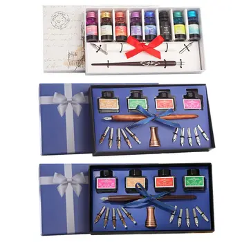 

Wooden Caligraphy Dip Pen Hook Line Signature Fountain Pens with Ink Nibs Set Offices School Stationery Gift