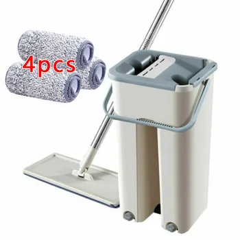 

Flat Squeeze Mop & Bucket Easy Cleaning Hand Free Wringing Mops Microfiber Pads