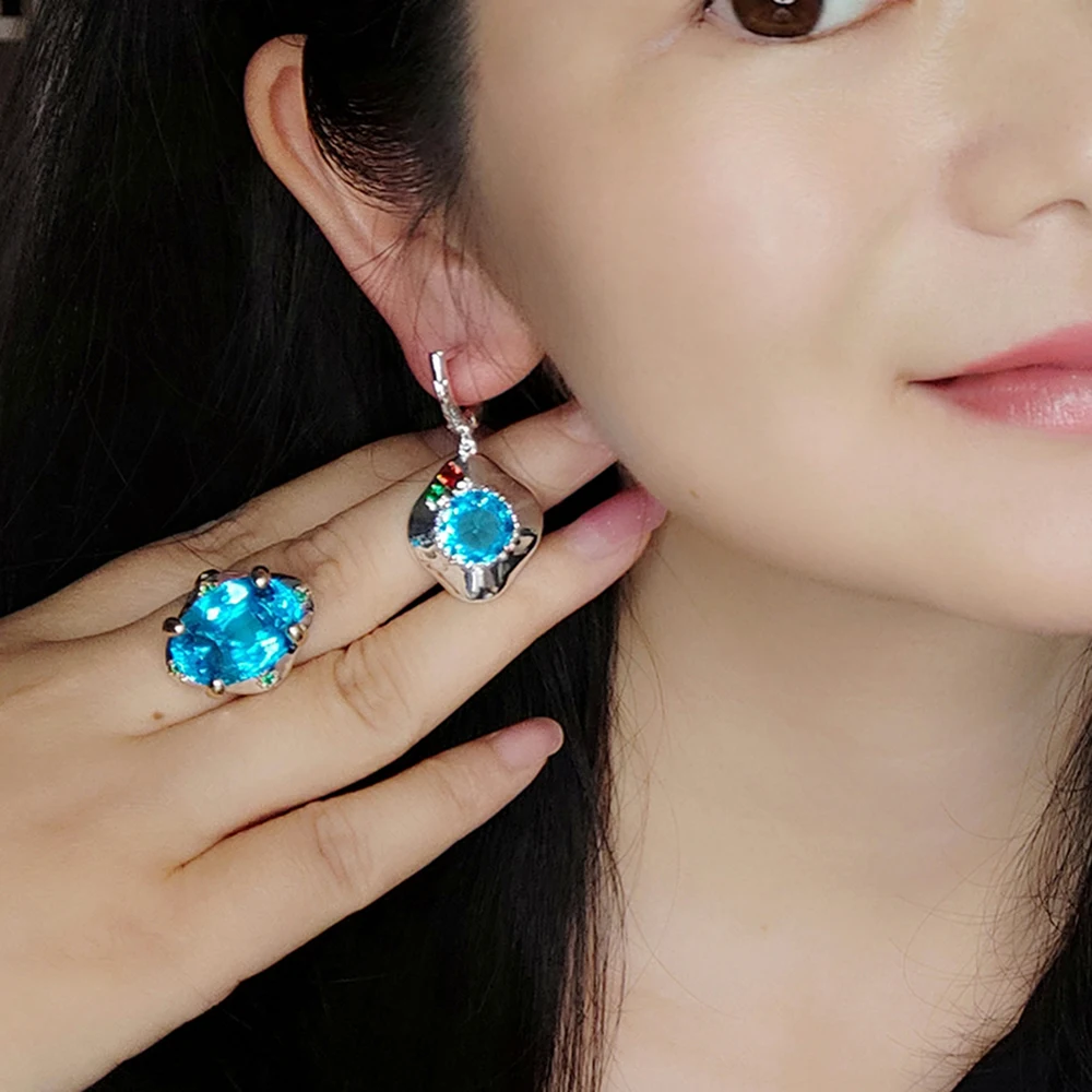 Серьги и кольцо с синим цирконием 2 шт./комплект|Ювелирные наборы| |