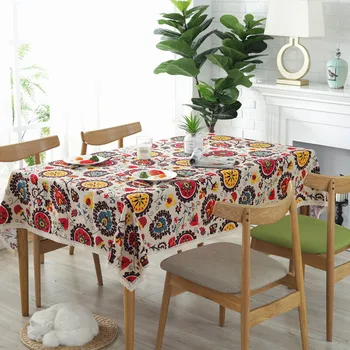 

Classical Cotton Linen Tablecloths Rectangle Sunflower Printing Table Cloth with Lace Dustproof Table Covers for Wedding Home