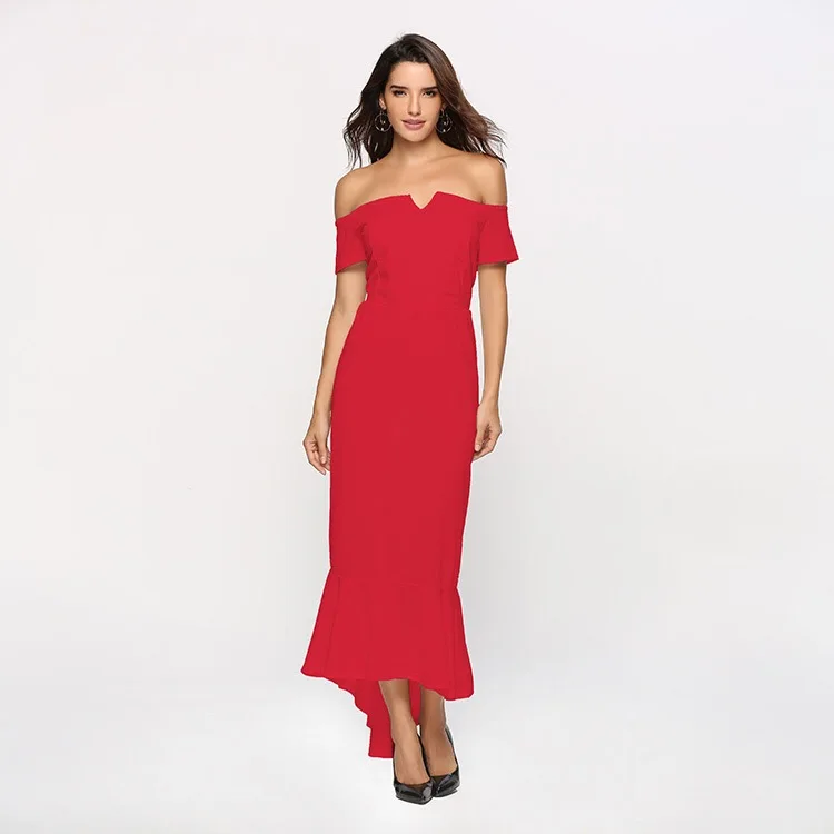 Черные платья для выпускного вечера Русалка с открытыми плечами V образным вырезом Hi-Lo короткие спереди длинные сзади Вечерние платья для свадебного гостя элегантное платье DQG686 - Цвет: Красный