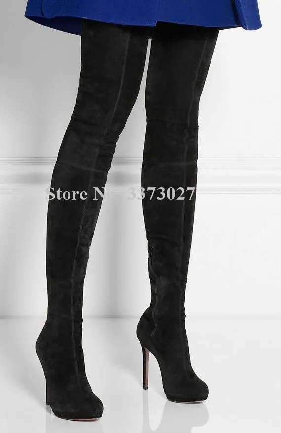 Black Suede Elastic Thigh High Boots Fashion European Street Style Thin