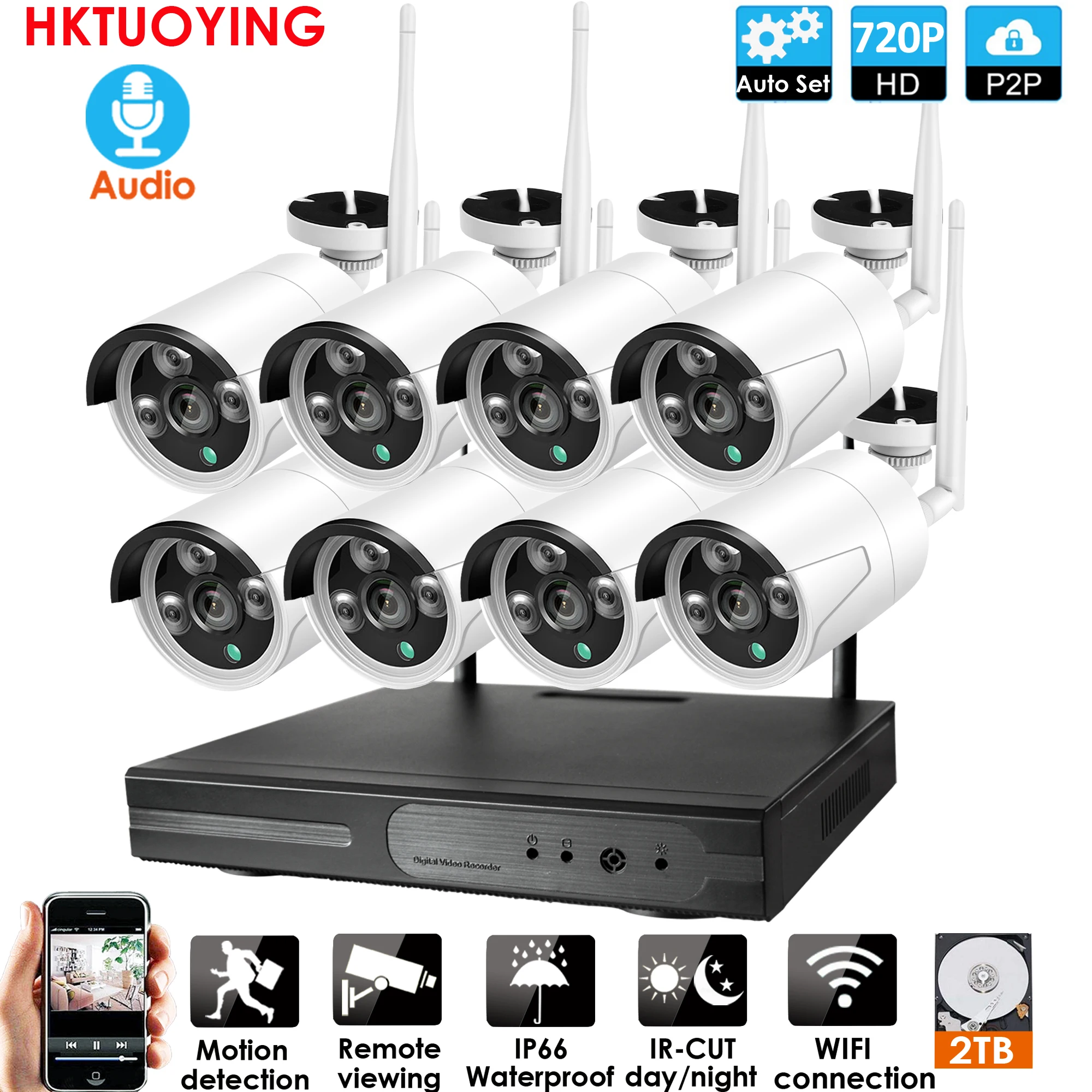  Plug and Play 8CH Audio 1080P HD Wireless NVR Kit P2P 720P Coperta Esterna di Visione notturna di S