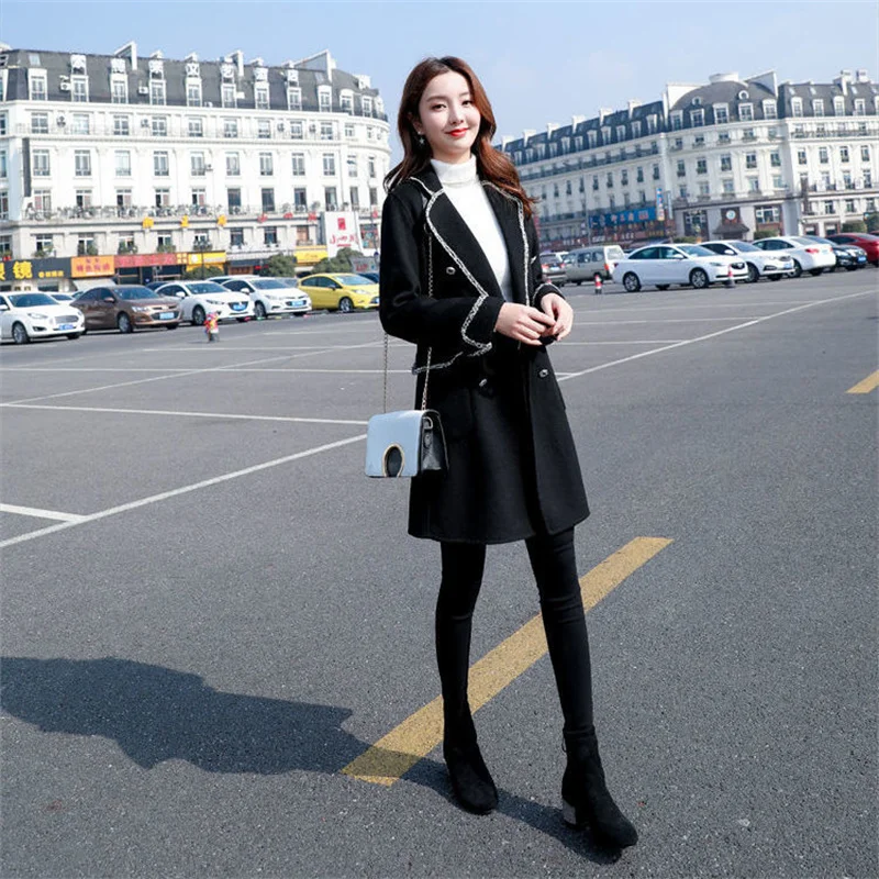 Women Hepburn Style Thick Woolen Jacket Mid-length Coat 2021 Female Autumn and Winter New Fashion Slim Black Woolen Jacket A259