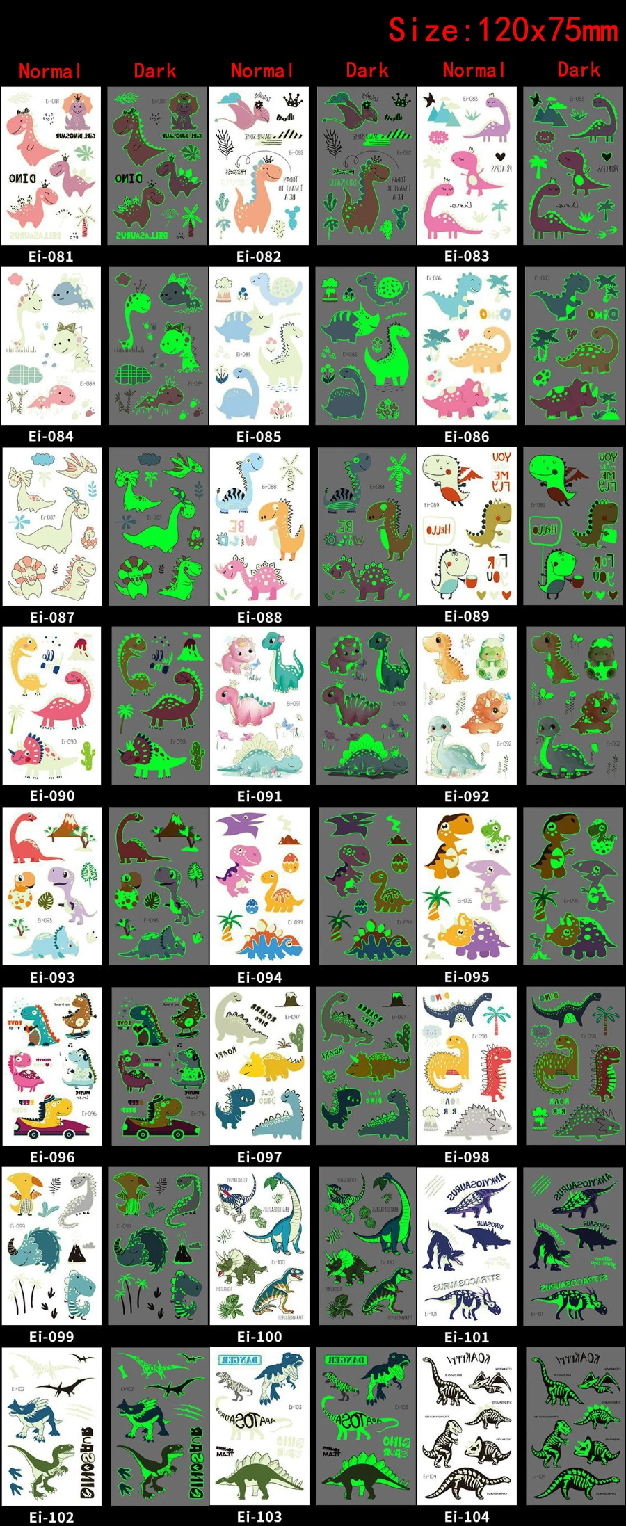 Luminous Temporary Tattoo Cartoon Dinosaur Design Water Transfer Tattoo Sticker Paper Child Accessories Light in the Dark Decals (5)