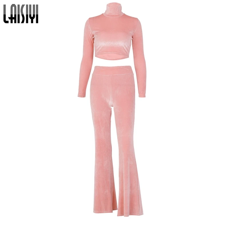 Pink LAISIYI Женский бархатный укороченный топ с длинным рукавом, брюки-клеш, комплект из 2 предметов, одноцветные осенне-зимние костюмы, спортивные костюмы, Femme ASSU20264 - Цвет: Pink